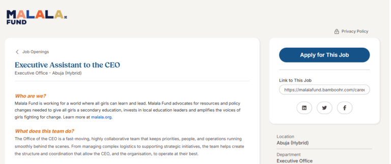 Executive Assistant to the CEO at Malala Fund Abuja 2026 | JobsVocate