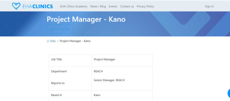 Project Manager (REACH Program) at EHA Clinics Kano 2026 | JobsVocate